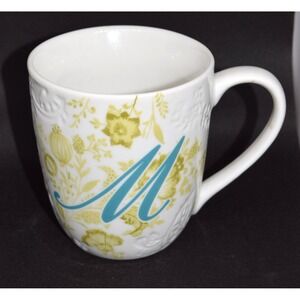 Pier 1 Imports Ava Coffee Mug Initial M White Teal Green Excellent Floral
